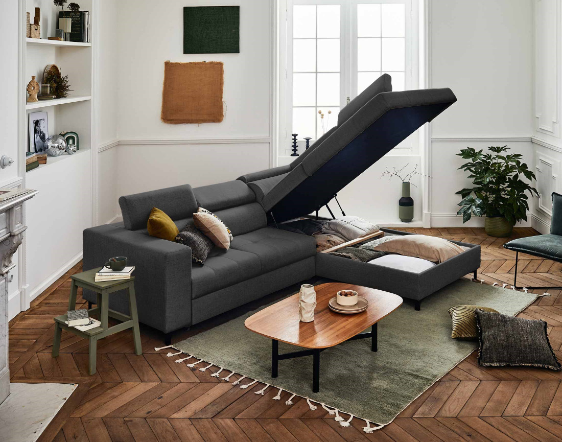 Canapé d'angle gauche 5 places convertible avec coffre et têtières réglables en tissu Olinda