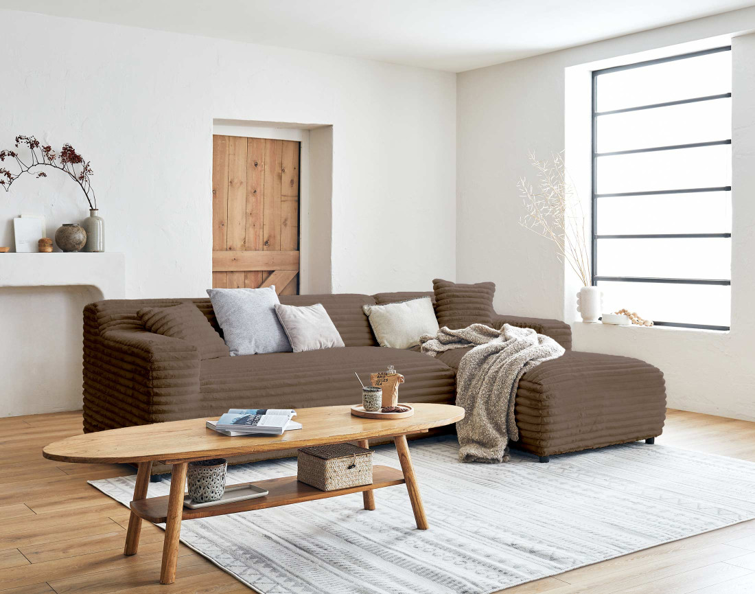 Canapé d'angle droit 4 places en fausse fourrure côtelée Laponie