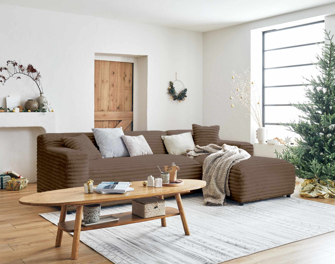 Canapé d'angle droit 4 places en fausse fourrure côtelée Laponie