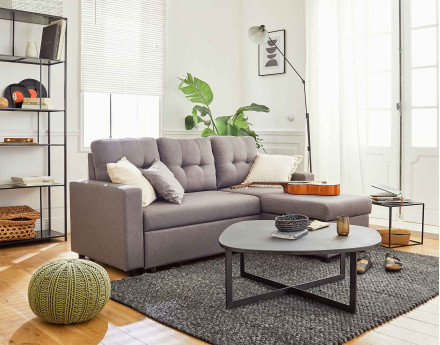 Canapé d'angle réversible 4 places convertible avec coffre en tissu Tulipe