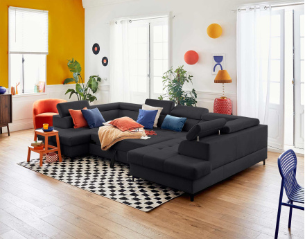 Canapé panoramique en U 7 places convertible avec coffres et têtières réglables en velours Merida