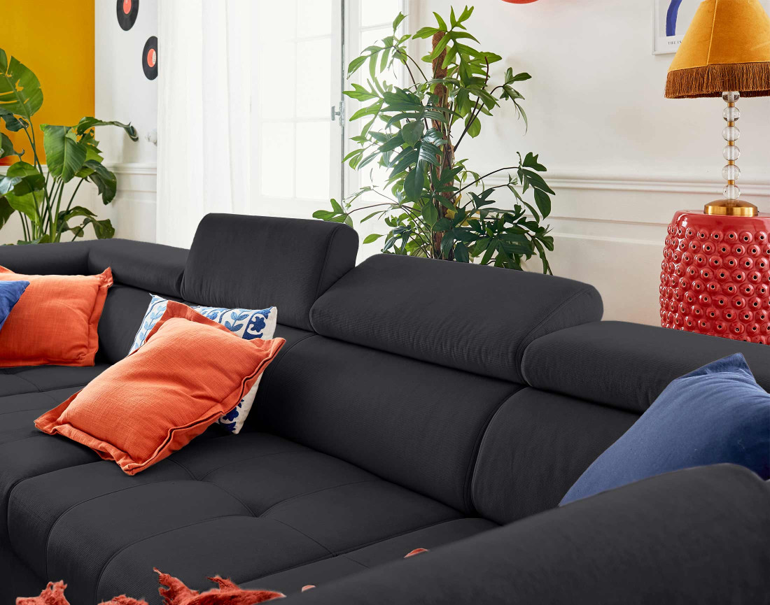 Canapé panoramique en U 7 places convertible avec coffres et têtières réglables en velours Merida