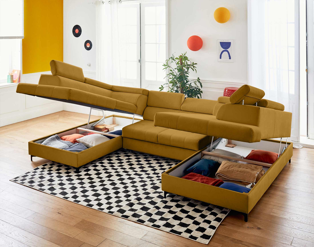 Canapé panoramique en U 7 places convertible avec coffres et têtières réglables en velours Merida