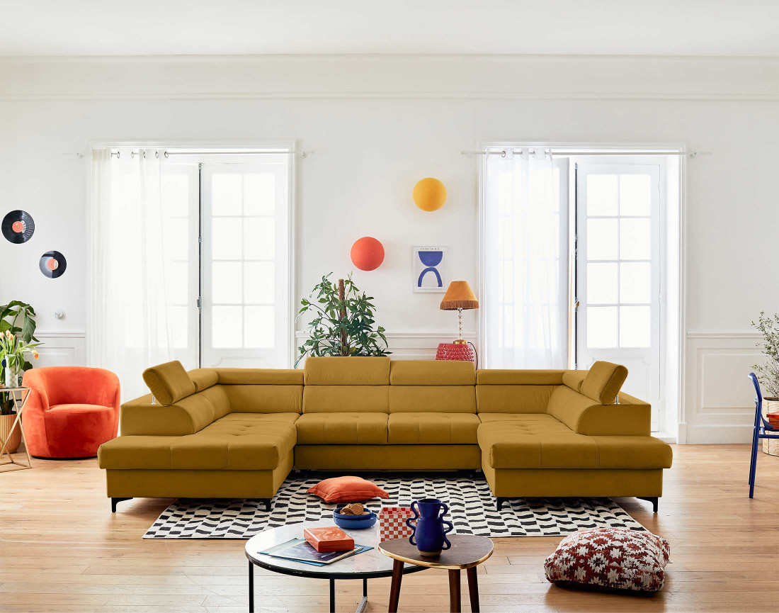 Canapé panoramique en U 7 places convertible avec coffres et têtières réglables en velours Merida