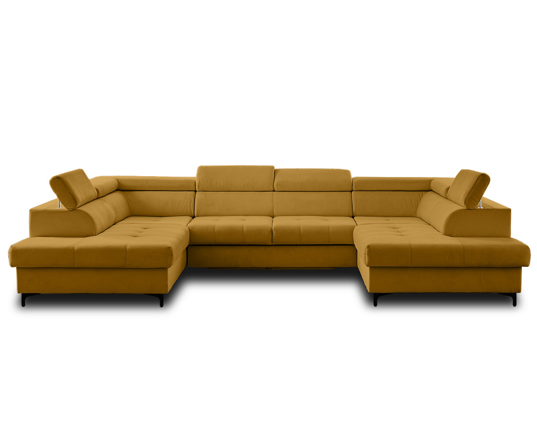 Canapé panoramique en U 7 places convertible avec coffres et têtières réglables en velours Merida