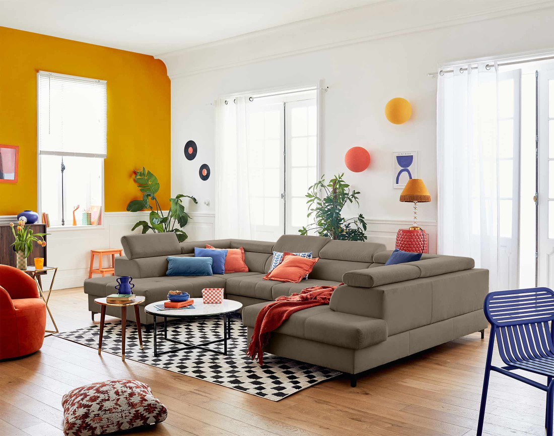 Canapé panoramique en U 7 places convertible avec coffres et têtières réglables en velours Merida