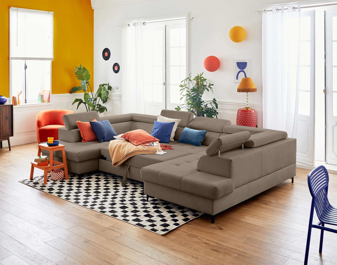 Canapé panoramique en U 7 places convertible avec coffres et têtières réglables en velours Merida