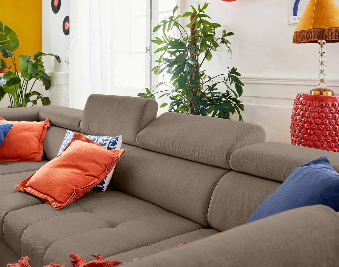 Canapé panoramique en U 7 places convertible avec coffres et têtières réglables en velours Merida