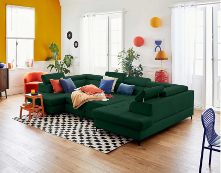 Canapé panoramique en U 7 places convertible avec coffres et têtières réglables en velours Merida