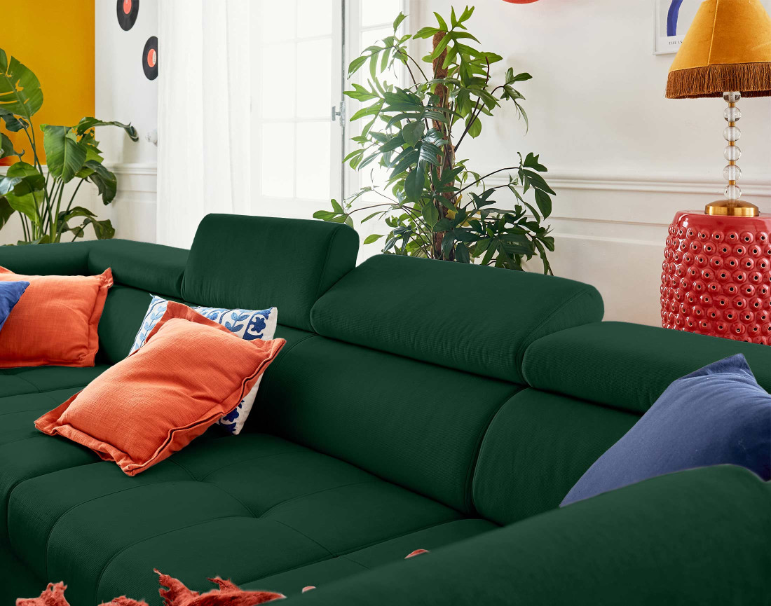 Canapé panoramique en U 7 places convertible avec coffres et têtières réglables en velours Merida