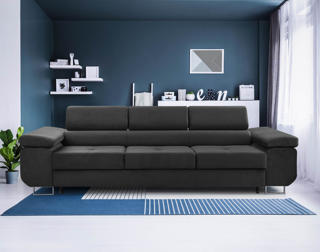 Canapé 3 places convertible avec têtières réglables en velours Pablo