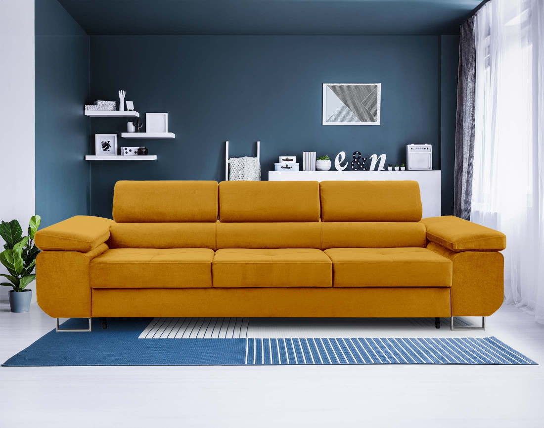 Canapé 3 places convertible avec têtières réglables en velours Pablo