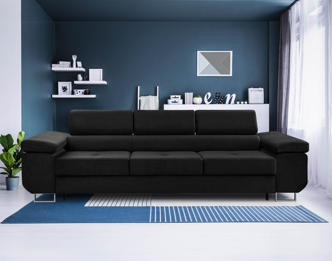 Canapé 3 places convertible avec têtières réglables en velours Pablo