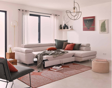 Canapé d'angle droit convertible avec coffre et têtières 5 places en velours côtelé Zaria