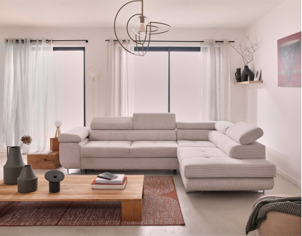 Canapé d'angle droit convertible avec coffre et têtières 5 places en velours côtelé Zaria