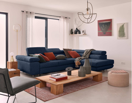 Canapé d'angle droit convertible avec coffre et têtières 5 places en velours côtelé Zaria