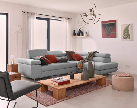 Canapé d'angle droit convertible avec coffre et têtières 5 places en velours côtelé Zaria