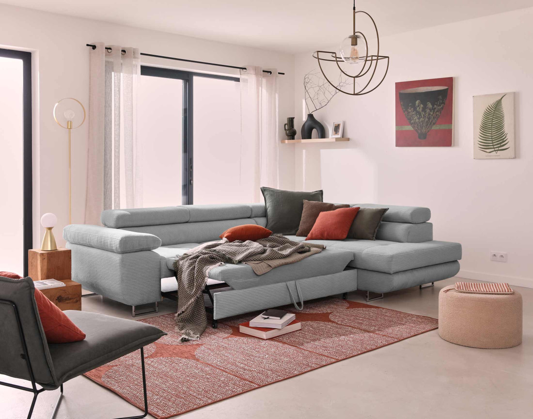 Canapé d'angle droit convertible avec coffre et têtières 5 places en velours côtelé Zaria