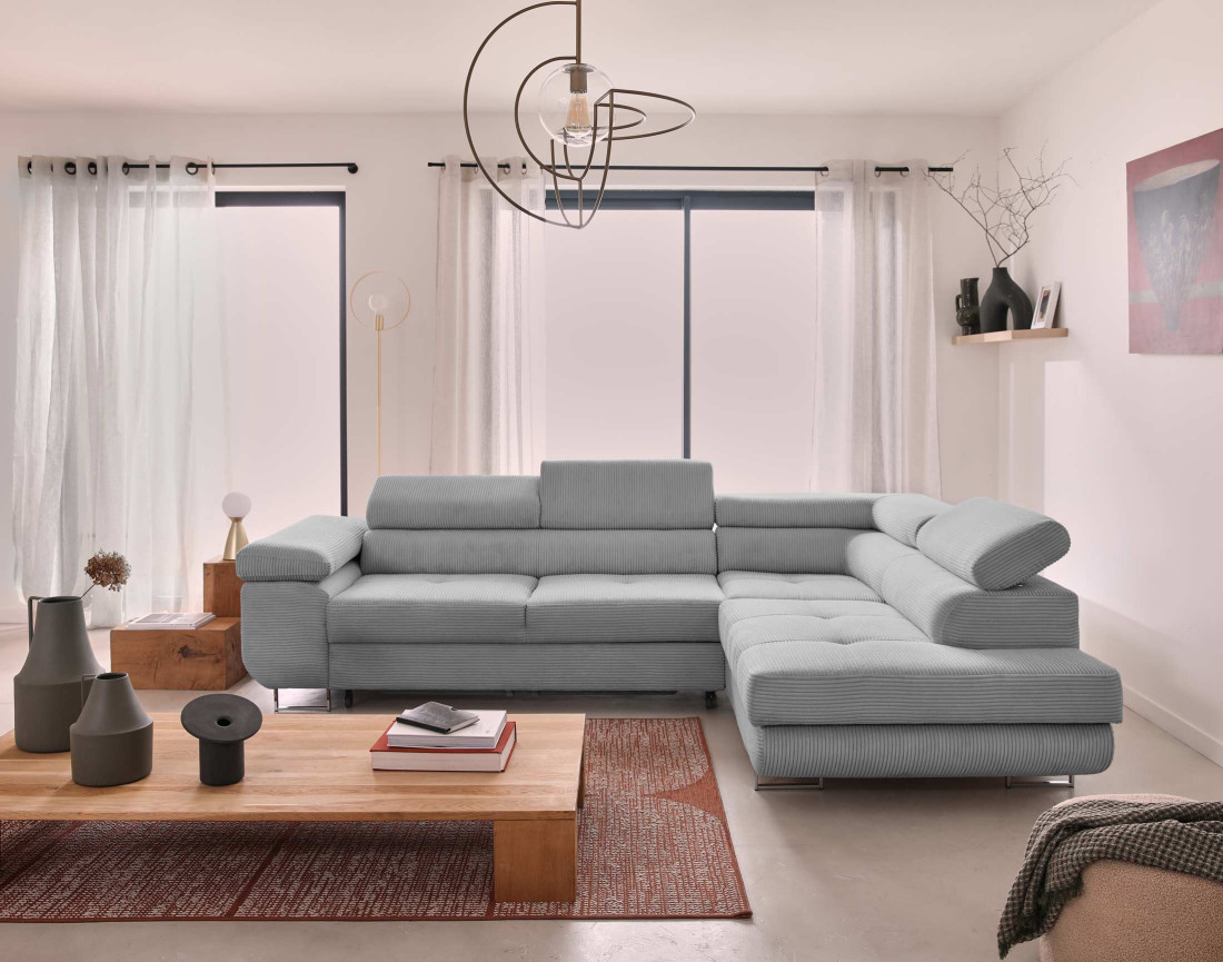 Canapé d'angle droit convertible avec coffre et têtières 5 places en velours côtelé Zaria