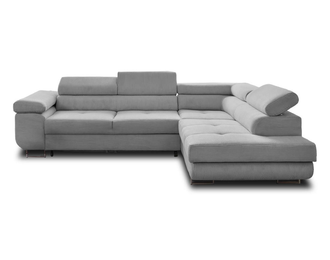 Canapé d'angle droit convertible avec coffre et têtières 5 places en velours côtelé Zaria