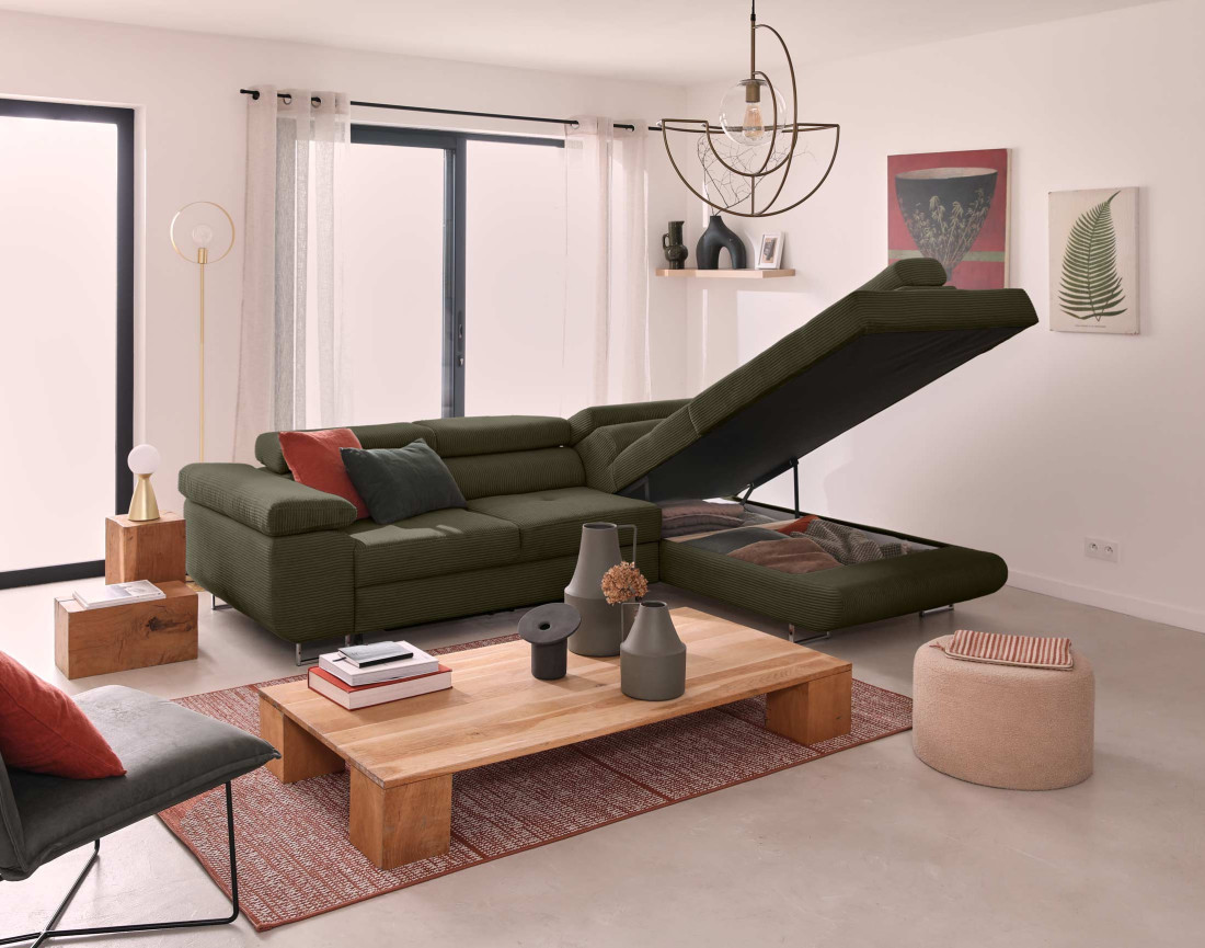 Canapé d'angle droit convertible avec coffre et têtières 5 places en velours côtelé Zaria