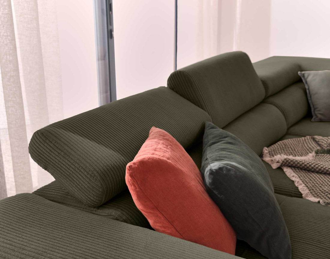 Canapé d'angle droit convertible avec coffre et têtières 5 places en velours côtelé Zaria