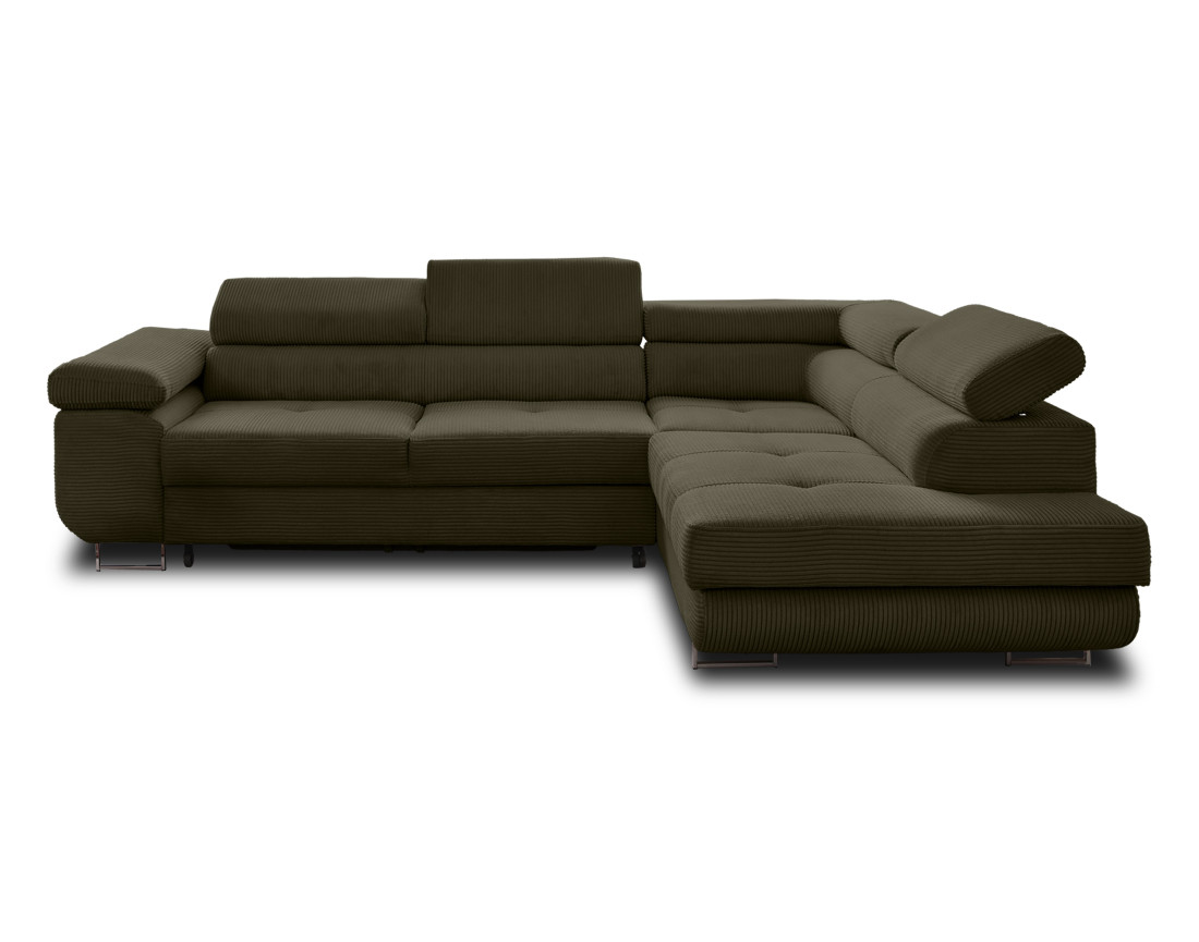 Canapé d'angle droit convertible avec coffre et têtières 5 places en velours côtelé Zaria