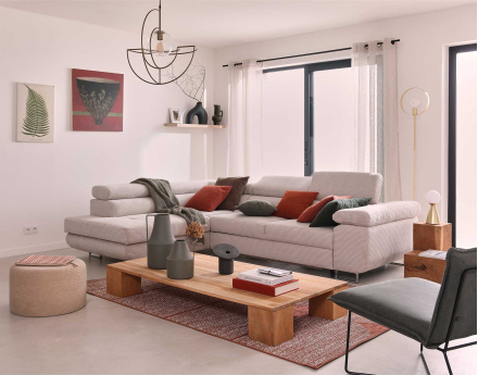 Canapé d'angle gauche convertible avec coffre et têtières 5 places en velours côtelé Zaria