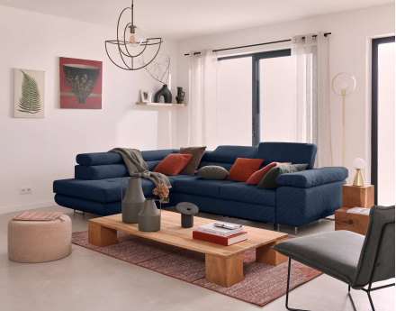 Canapé d'angle gauche convertible avec coffre et têtières 5 places en velours côtelé Zaria