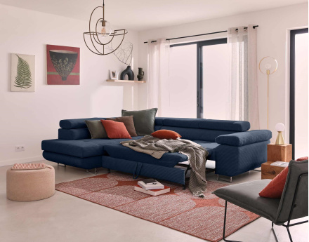 Canapé d'angle gauche convertible avec coffre et têtières 5 places en velours côtelé Zaria