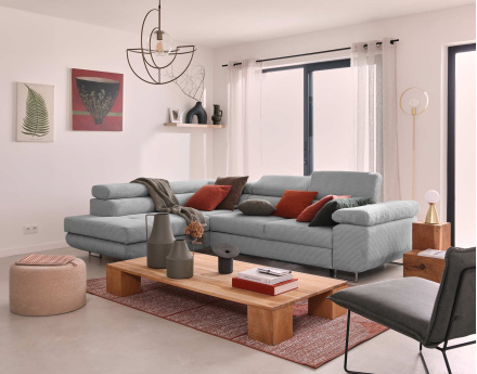 Canapé d'angle gauche convertible avec coffre et têtières 5 places en velours côtelé Zaria