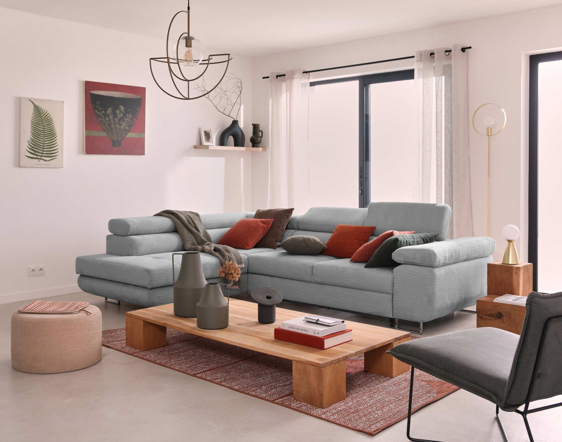 Canapé d'angle gauche convertible avec coffre et têtières 5 places en velours côtelé Zaria