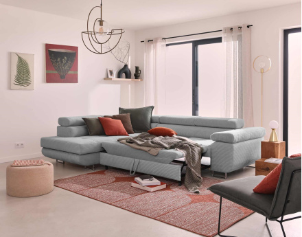 Canapé d'angle gauche convertible avec coffre et têtières 5 places en velours côtelé Zaria