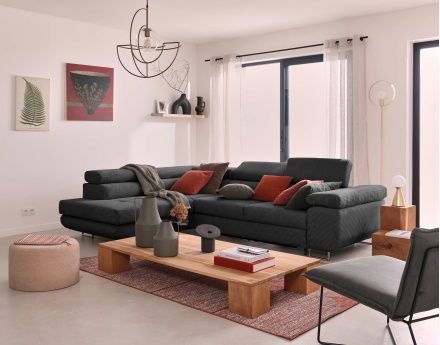 Canapé d'angle gauche convertible avec coffre et têtières 5 places en velours côtelé Zaria