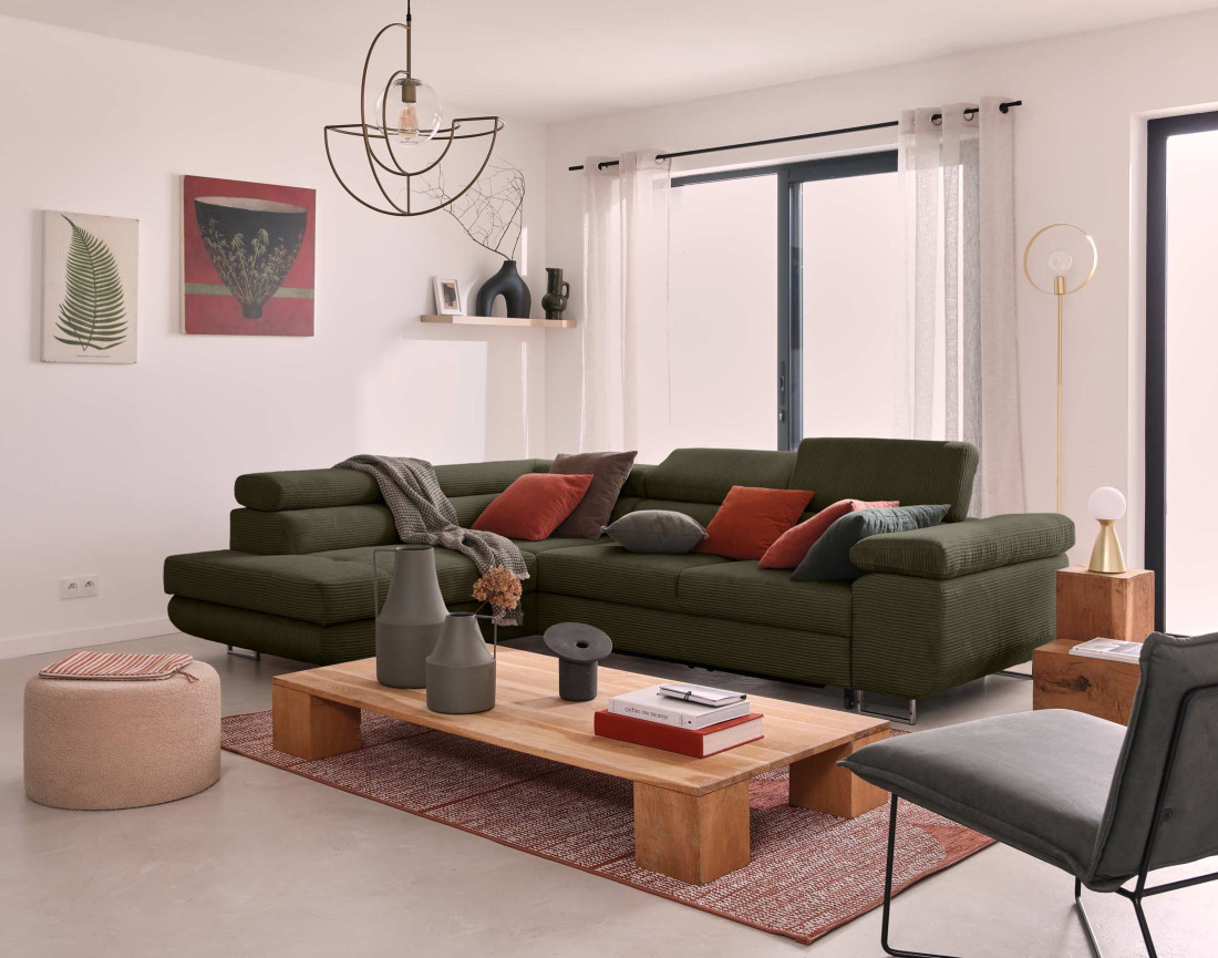 Canapé d'angle gauche convertible avec coffre et têtières 5 places en velours côtelé Zaria