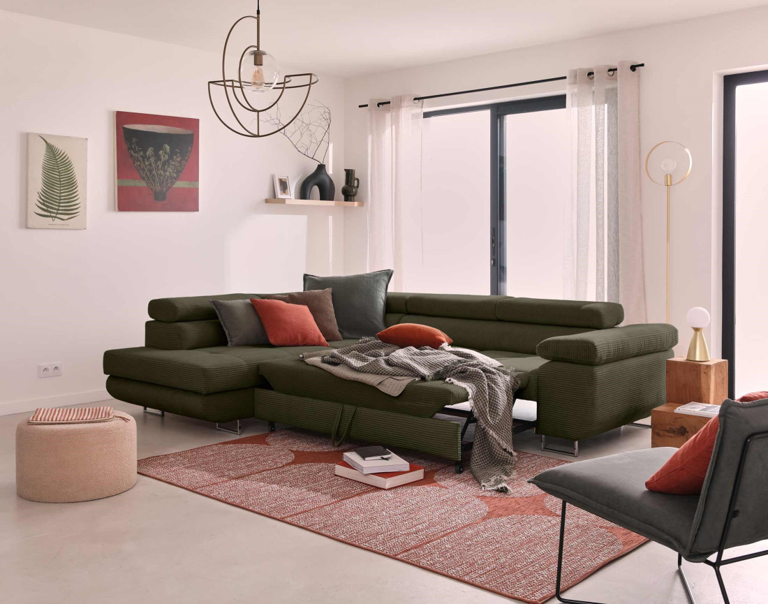 Canapé d'angle gauche convertible avec coffre et têtières 5 places en velours côtelé Zaria