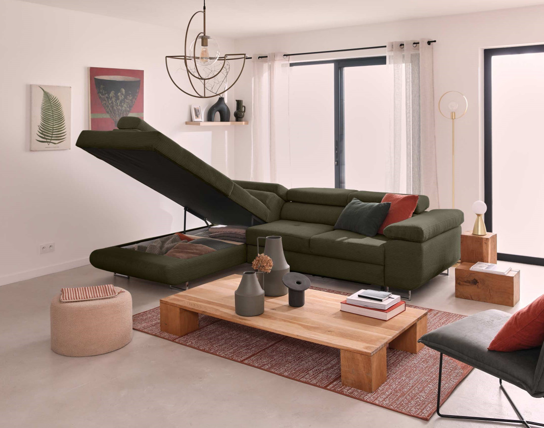 Canapé d'angle gauche convertible avec coffre et têtières 5 places en velours côtelé Zaria