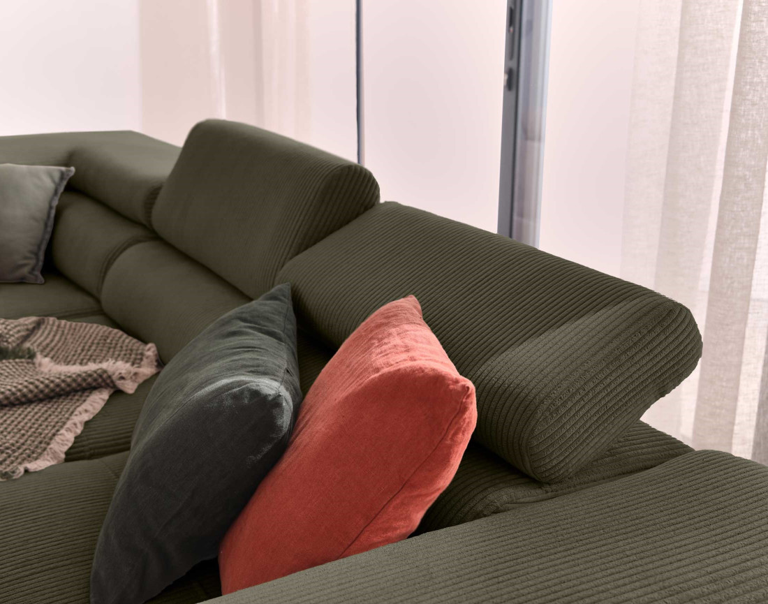 Canapé d'angle gauche convertible avec coffre et têtières 5 places en velours côtelé Zaria