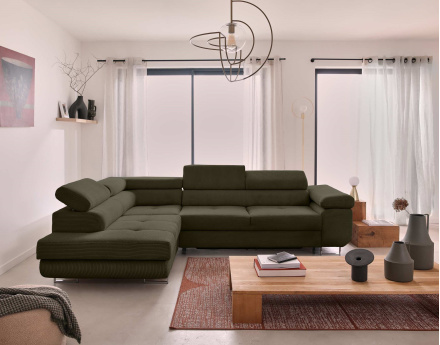 Canapé d'angle gauche convertible avec coffre et têtières 5 places en velours côtelé Zaria