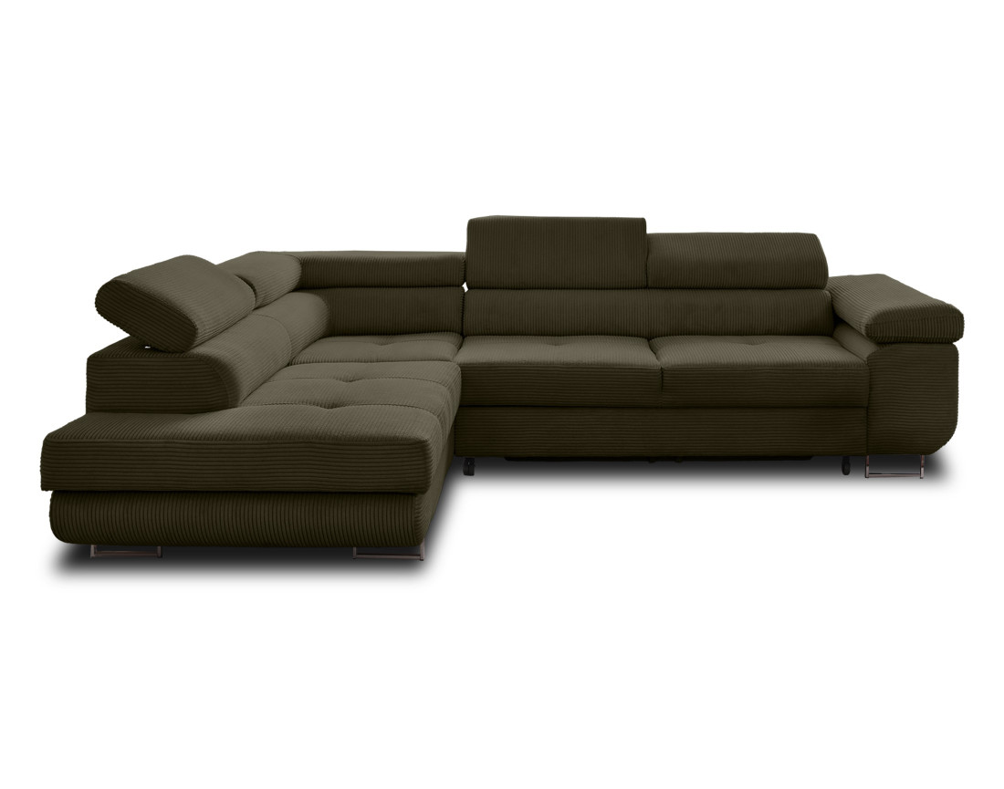 Canapé d'angle gauche convertible avec coffre et têtières 5 places en velours côtelé Zaria