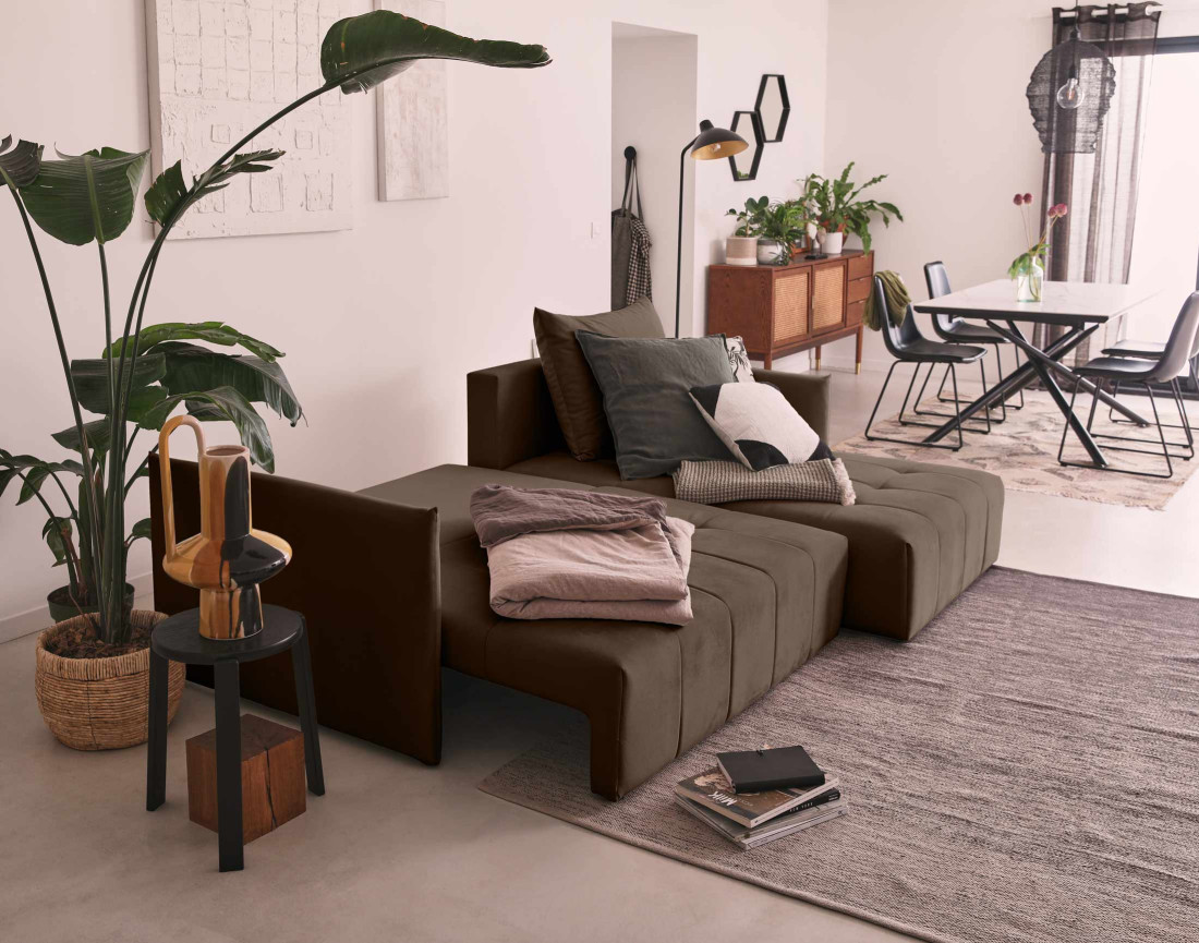 Canapé d'angle en velours - Petra - réversible convertible avec coffre - 4 places - en velours