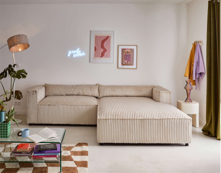 Canapé d'angle droit 4 places en velours côtelé grosses côtes Ela