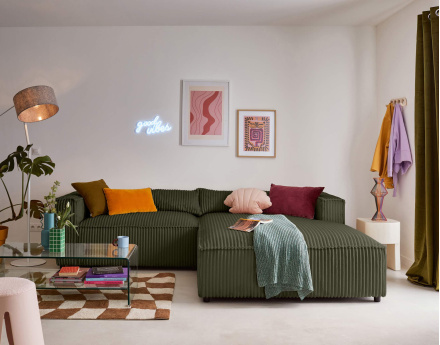 Canapé d'angle droit 4 places en velours côtelé grosses côtes Ela