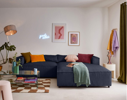 Canapé d'angle droit 4 places en velours côtelé grosses côtes Ela