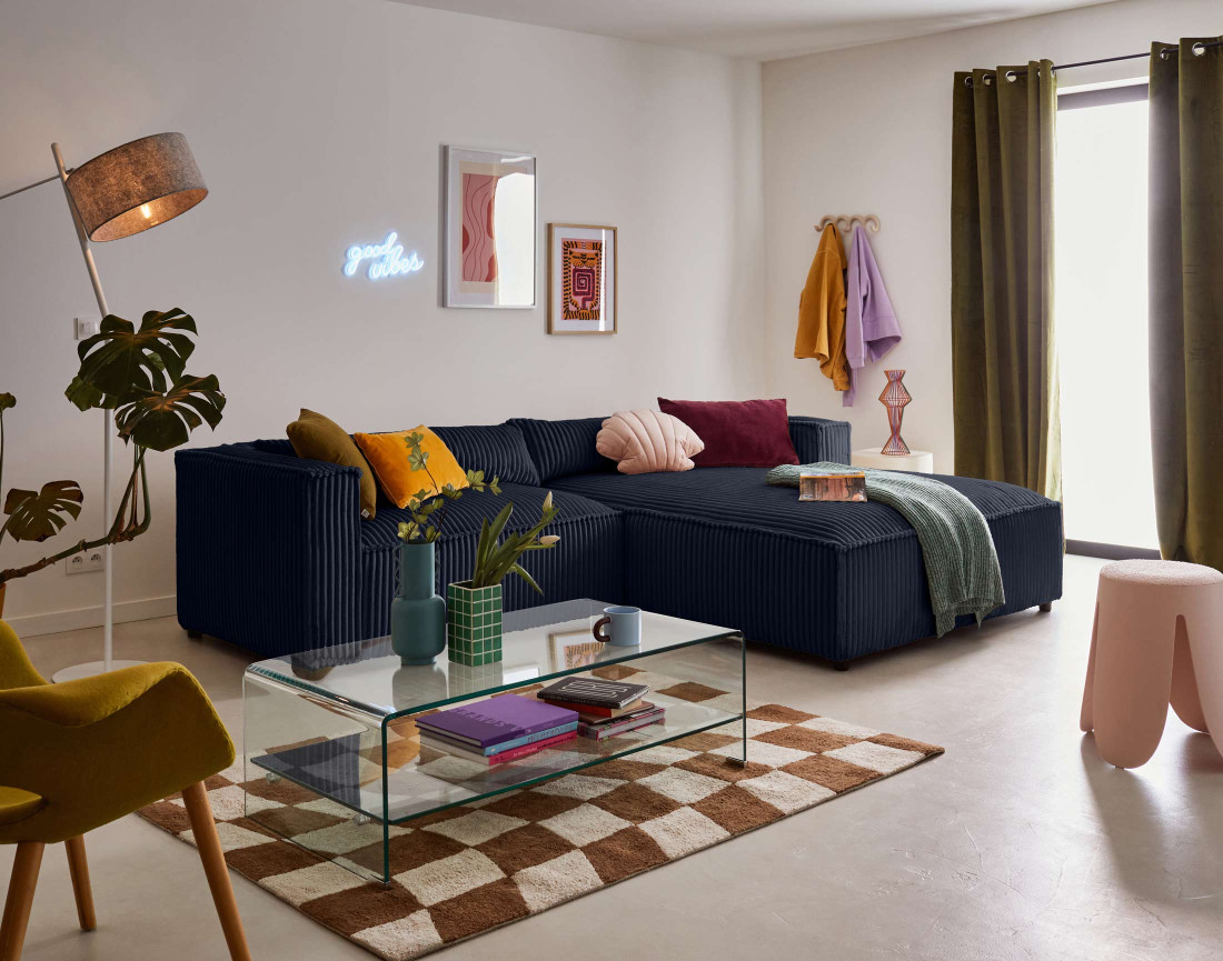 Canapé d'angle droit 4 places en velours côtelé grosses côtes Ela