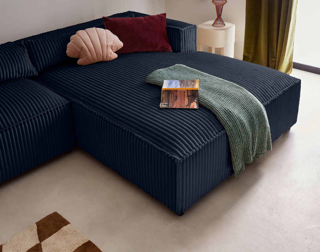 Canapé d'angle droit 4 places en velours côtelé grosses côtes Ela