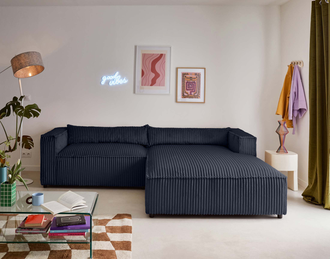 Canapé d'angle droit 4 places en velours côtelé grosses côtes Ela