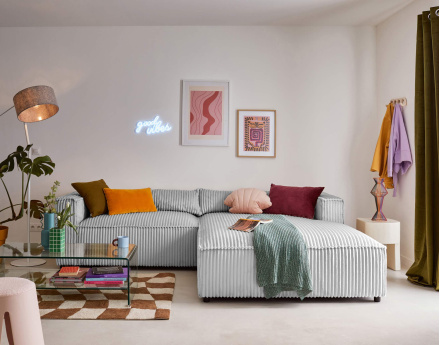 Canapé d'angle droit 4 places en velours côtelé grosses côtes Ela