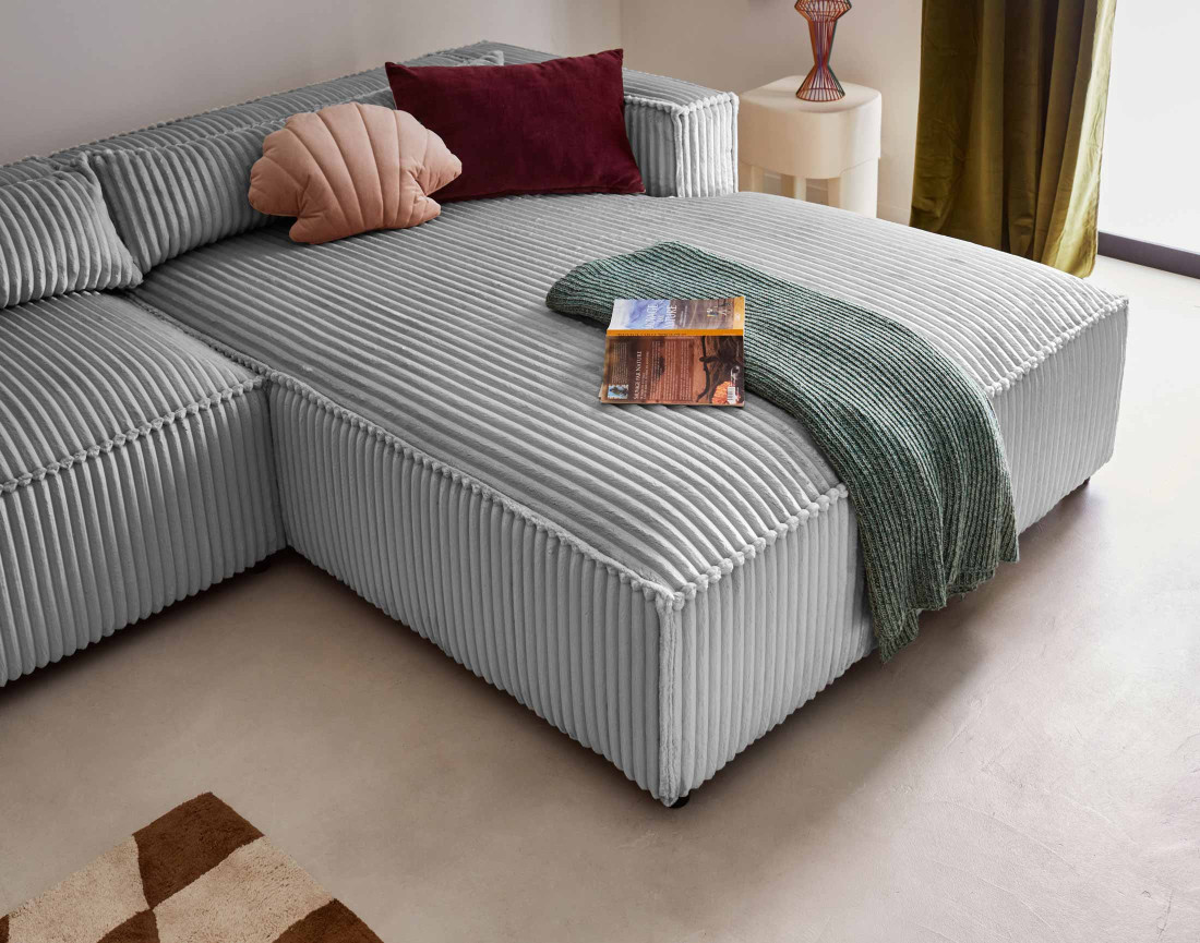 Canapé d'angle droit 4 places en velours côtelé grosses côtes Ela