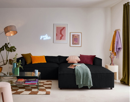 Canapé d'angle droit 4 places en velours côtelé grosses côtes Ela